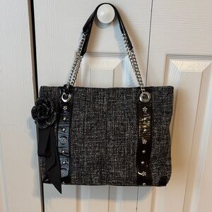 Brighton Josette Black & White Tweed Tote with Chain Straps